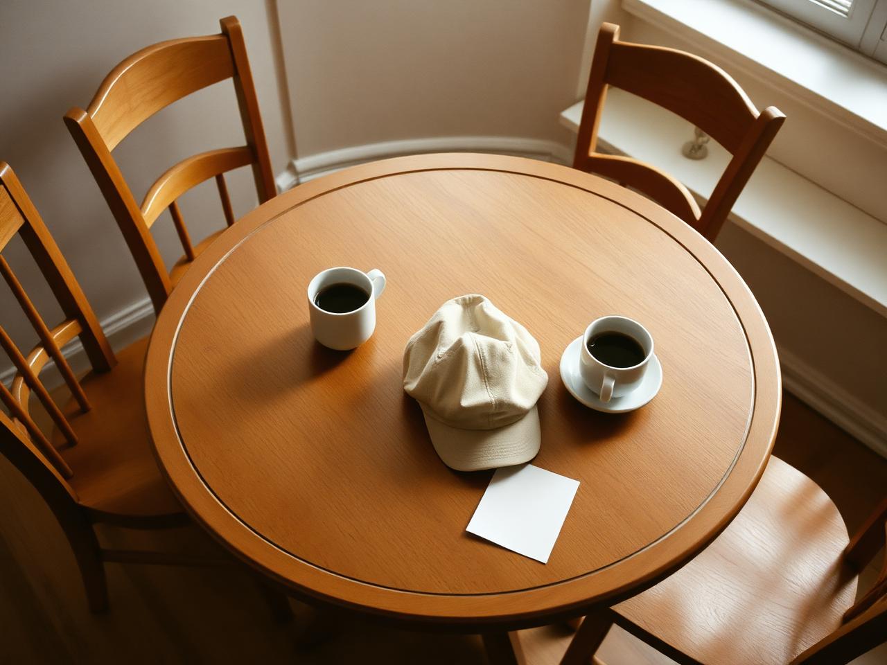 Kitchen table with three coffees and a cap