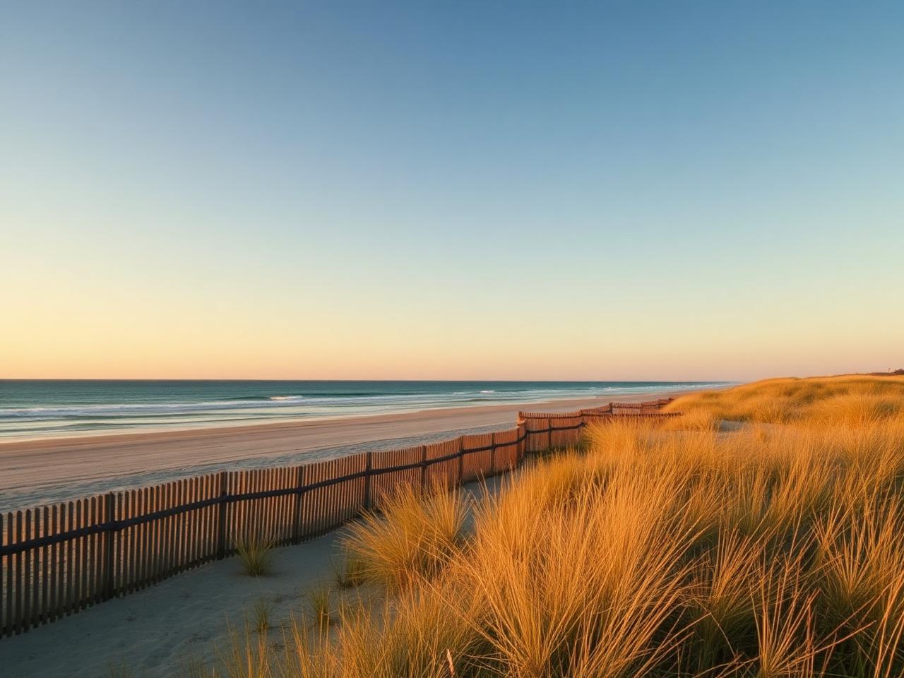 Empty Hamptons beach and dune fence at sunset