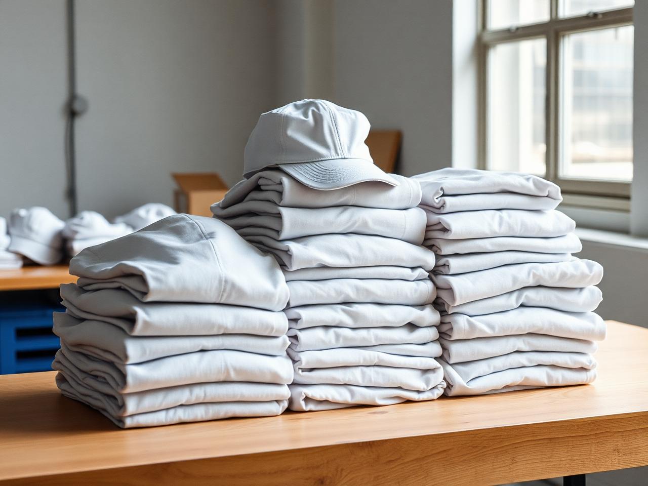 Folded blank prototype sweatshirts on a worktable
