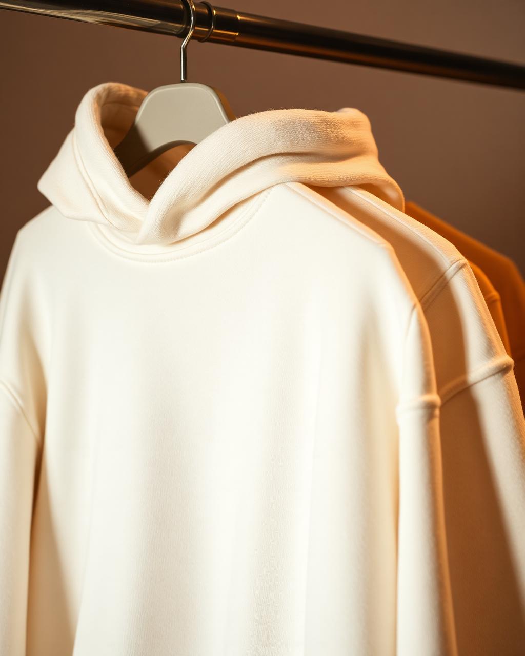 Blank cream hoodie sample on a rack