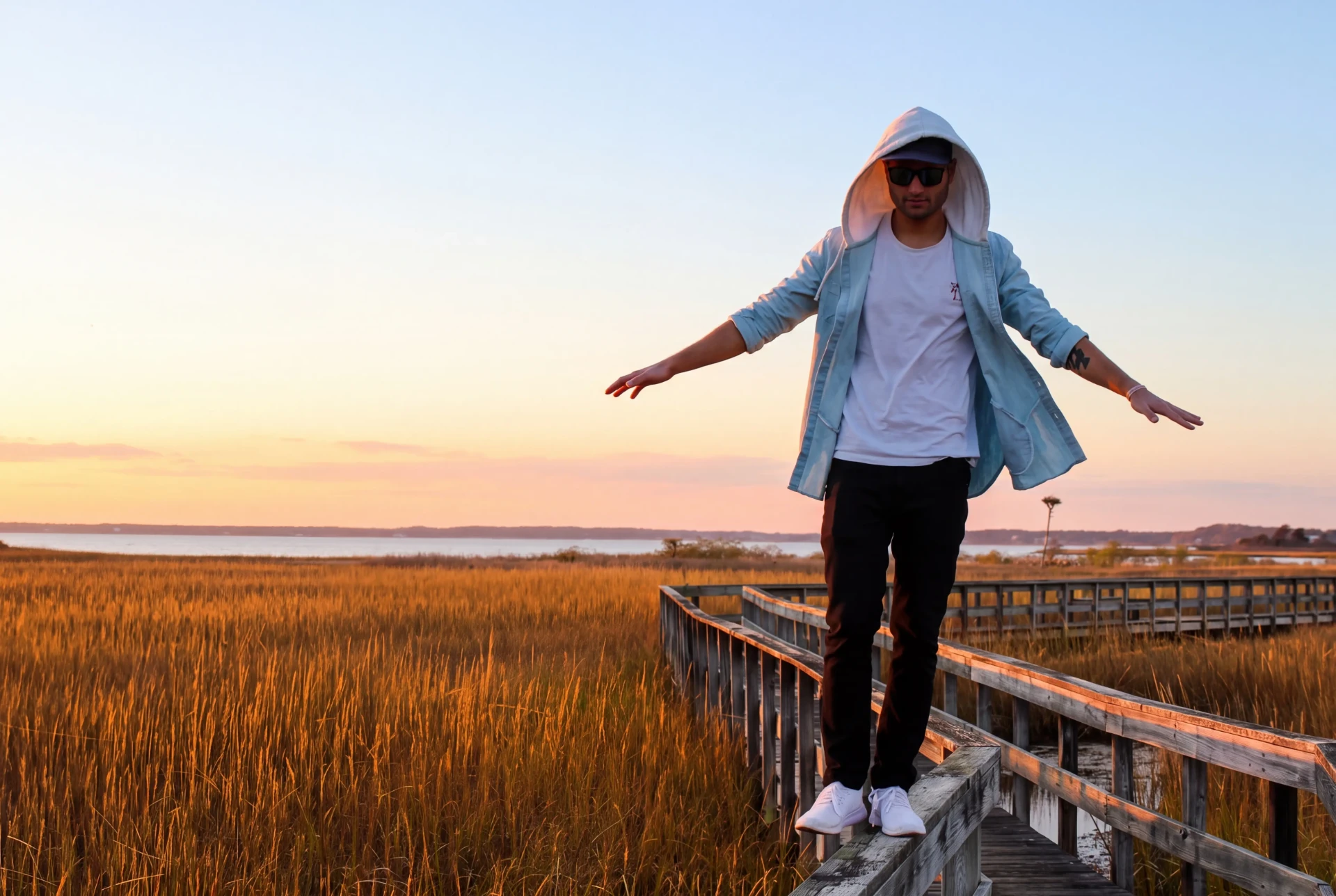 Autumn sunset over the Hamptons bay marsh boardwalk