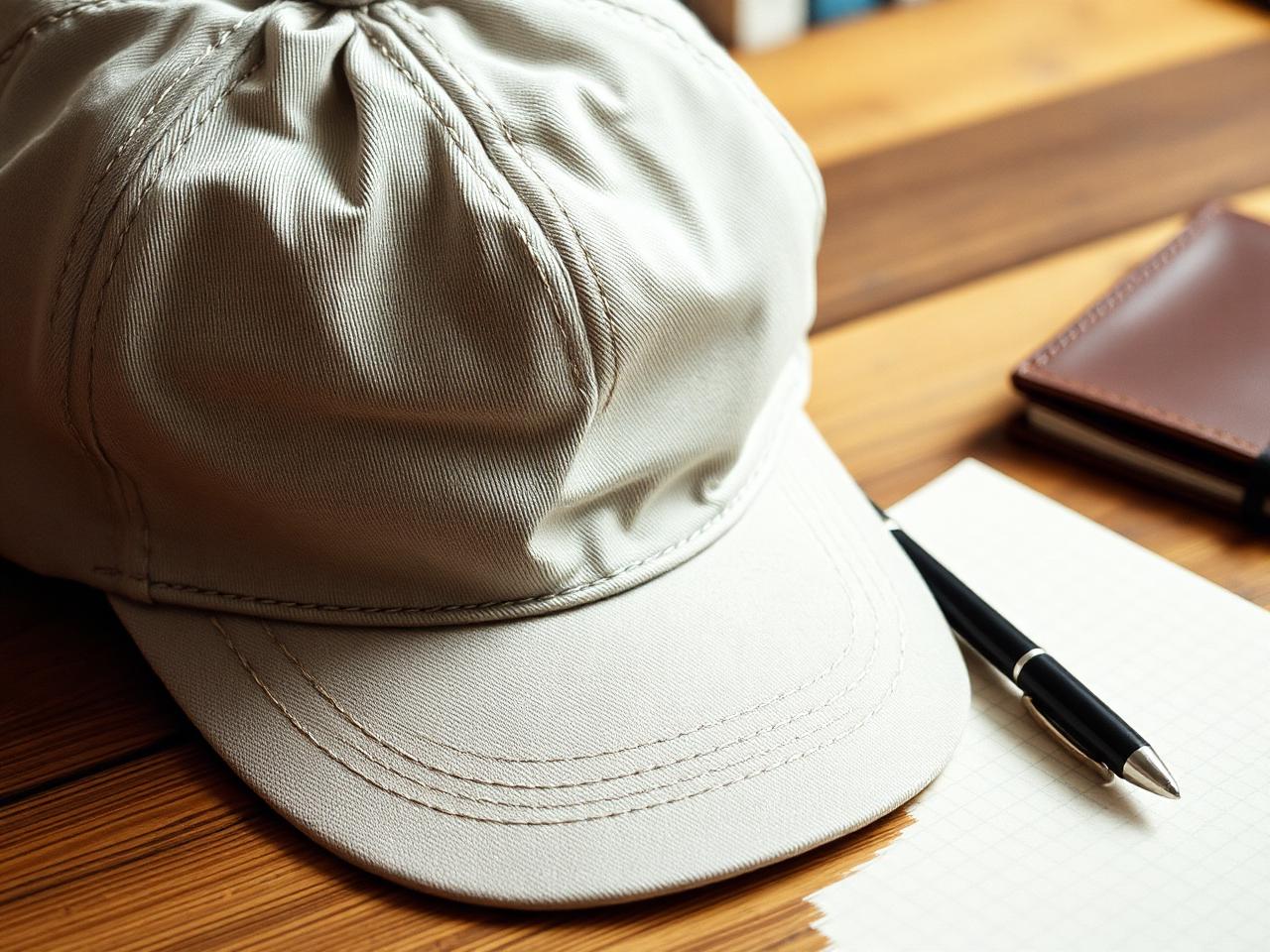 A worn natural canvas cap resting on a wooden desk