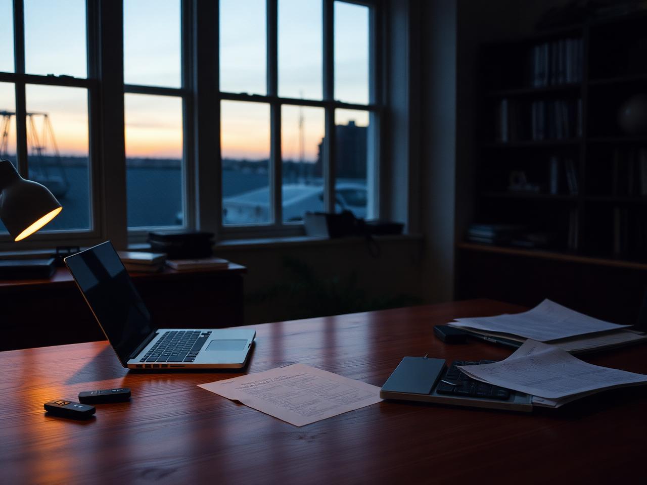 Empty Southampton real estate desk at dusk