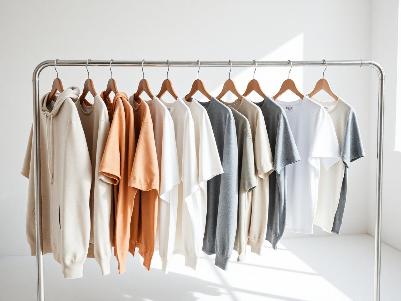 Rack of neutral prototype hoodies and tees
