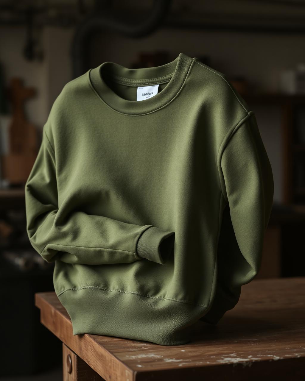 Blank olive sweatshirt sample folded on a worktable